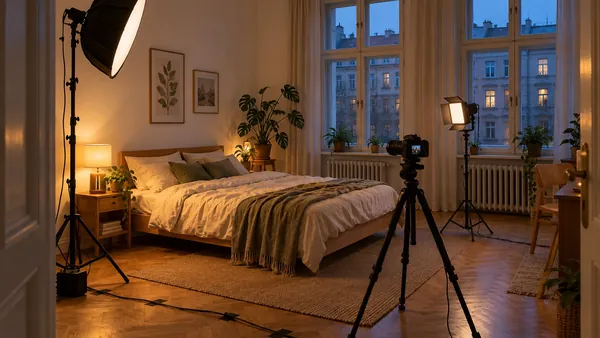 Mieszkanie przygotowane do nagrania: łóżko, aparat na statywie i lampy
